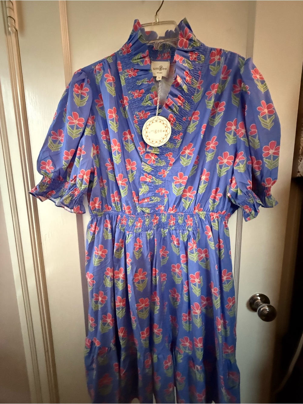 Umgee NWT Blue Floral Smocked Waist Dress 1XL Womens Plus Size